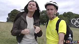 this mature british milf in stockings and shoes gets cum from a monster cock outdoors