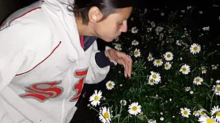 After a walk in the garden, the housekeeper engages in sex leading to orgasm