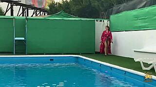 busty woman sucks me in the pool and our friend watches