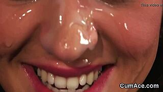 flirty idol gets cumshot on her face sucking all the sperm