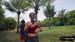 fucking doggystyle in public park with monster cock, small tits teen bent over