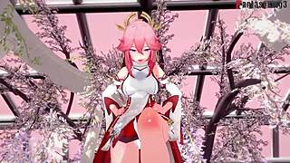 Yae Miko from Genshin Impact gives sucking in 3D hentai