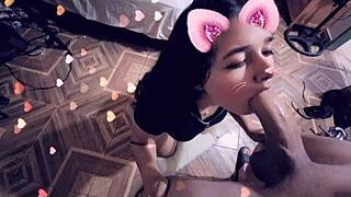 beautiful latina teen sucking on snapchat with her friend