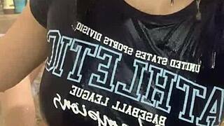 Young cute teen fucks her best friend roommate in bathroom, getting cum covered