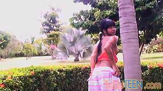 tobie teen 18+ fingers her sweet pussy solo outdoors with toys and masturbation