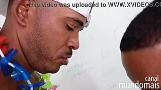 Three black guys engage in hardcore action in bathroom