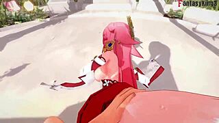 yae miko gets fucked hard in genshin impact, ahegao face with pink hair.