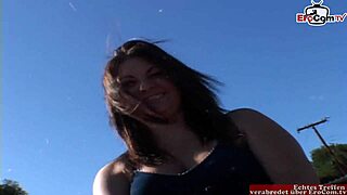 Curvy brunette babe with natural tits goes on a European pickup adventure.