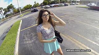 fucking a cute broke teen 18+ with glasses for quick cash.