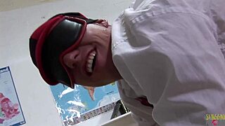 Naughty teacher shocks blindfolded guy with wild desk blowjob