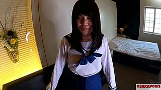 First squirting for cute 18-year-old Mao in sailor uniform, 20 orgasms and creampie.