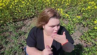 Does the beautiful chubby cutie give pov outdoor blowjob with big natural tits and juicy nipples playing with cum?