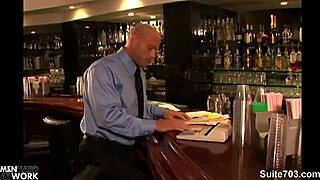 Passionate Hottie with Long Hair Sucks Bald Guy's Monster Cock in the Office