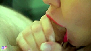 watching her pink lips in closeup during a sensual blowjob, cum dripping slowly down her chin