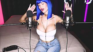 She narrates dirty talk as hands-free cum hits her big tits in orgasm.