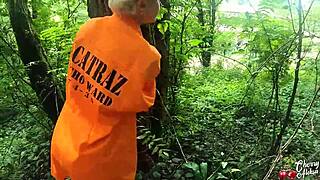 The sexy prisoner was deep sucking a monster cock and got anal fucked in the abandoned place, ending with a facial