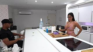 pretty curvy girl interacts with jesus reyes in a casual scene