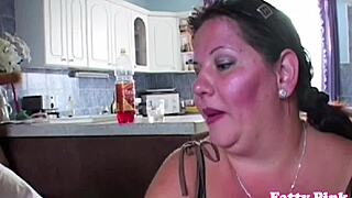 Fat mature woman fucks cock between massive tits in fetish