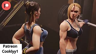 cammy and chun li at the gym, hentai action