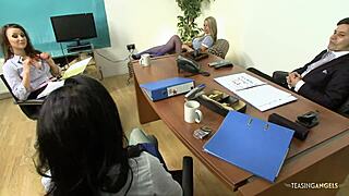 Girls enjoy masturbating in front of a couple at the office.