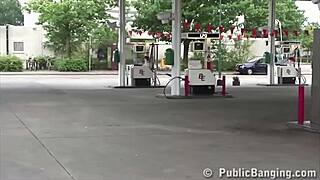 Pregnant girl takes on public threesome gangbang at gas station