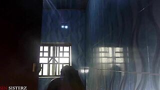 old comedy man in bathroom with wife while husband sleeps