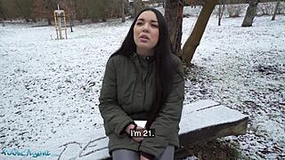 Spanish brunette flashes big natural tits in snowy outdoor scene