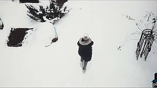 Love makers enjoy hot sex after playing in the cold snow