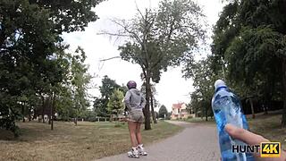 submissive guy casually gets paid for his brunette teen gf's blowjob and sex with hunter