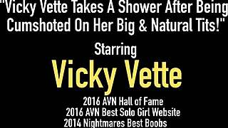 vicky vette cleans up in the shower after a messy incident