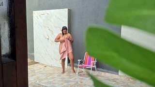 Caught hot neighbor showering in backyard after beach