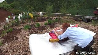 Tanned Japanese babe banged in boots outside