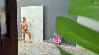 Caught hot neighbor showering in backyard after beach