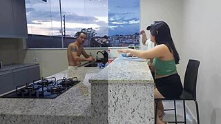 Hey, fucking hot wife in kitchen till she cums while cuckold watches?