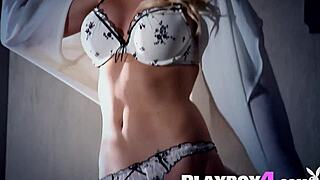 Sexy blonde milf model Ashley Mattingly poses in lingerie, slowly undressing and stripping naked, showing off her big tits.