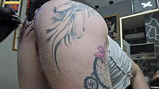 Gay guy modifies anal tattoo in public outdoors