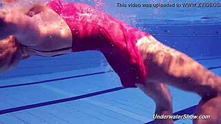 Proklova strips bikini and swims nude in pool, blonde teen bathing.