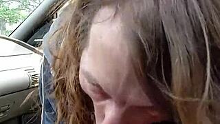 i give a morning blowjob to my buddy in the car, swallowing his big monster cock mouthful