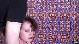 Brunette submissive licks master's ass before cum shower.