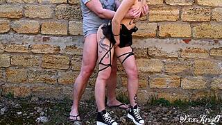 Sexy tattooed girl with big boobs gets banged outdoors. She sucks deep and takes cum in mouth!