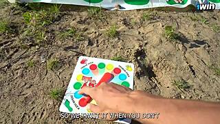 Unforgettable Twister Strip Game with Double Blowjob Dare in Forest Show