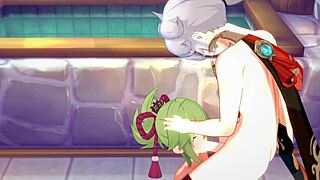 kazuha and kuki shinobu in futanari cosplay action