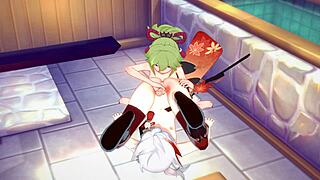 kazuha and kuki shinobu in futanari cosplay action