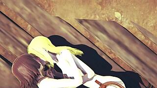 Fairy Tail and One Piece hentai features Lucy and Nami in lesbian bisexual threesome with creampie and cosplay