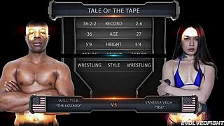 vanessa vega faces will tile's bbc in this wrestling match
