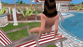 Insane! Animated 3D Cute Girl Masturbates with Bottle by Pool!