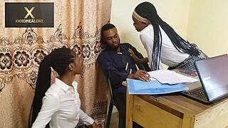 Two hot students seduce their teacher in his office and have sex with him