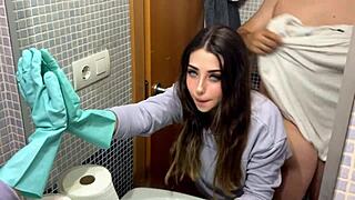 My stepdad fucks me in the bathroom while cleaning