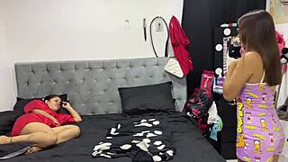 Scared Latina seeks refuge in stepsister's arms and fucks hard