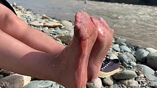 Goddess Teases With Messy Nylon Feet On River Bank